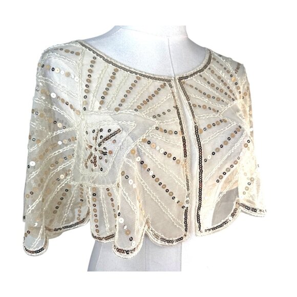 Beaded Sequins OS Capelet Scalloped Shawl Elegant Sheer Vintage Style Ivory - Picture 8 of 16